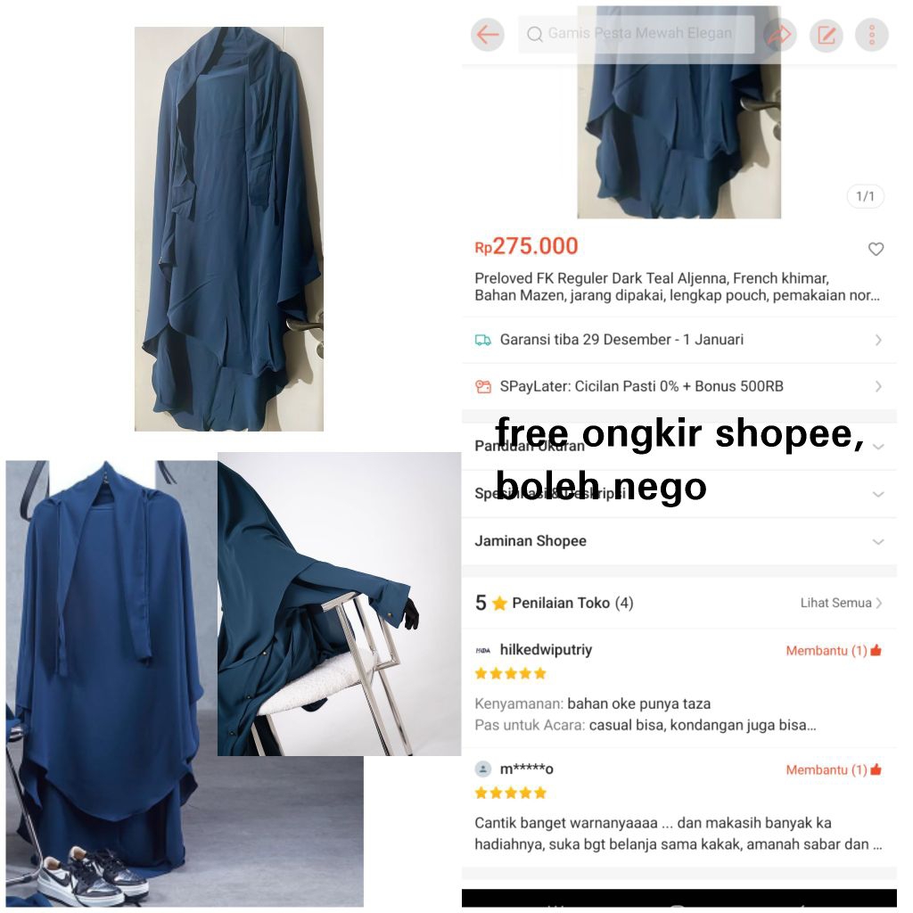 Preloved FK Reguler Dark Teal Aljenna, French khimar, Bahan Mazen, jarang dipakai, lengkap pouch, pe