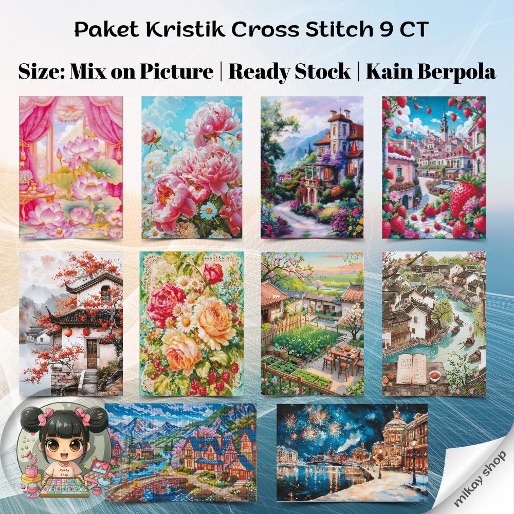 Paket Lengkap Kristik 9CT Cross Stitch Gambar Rumah Bunga Pemandangan Kain Tebal Kuat Cocok Untuk Pe
