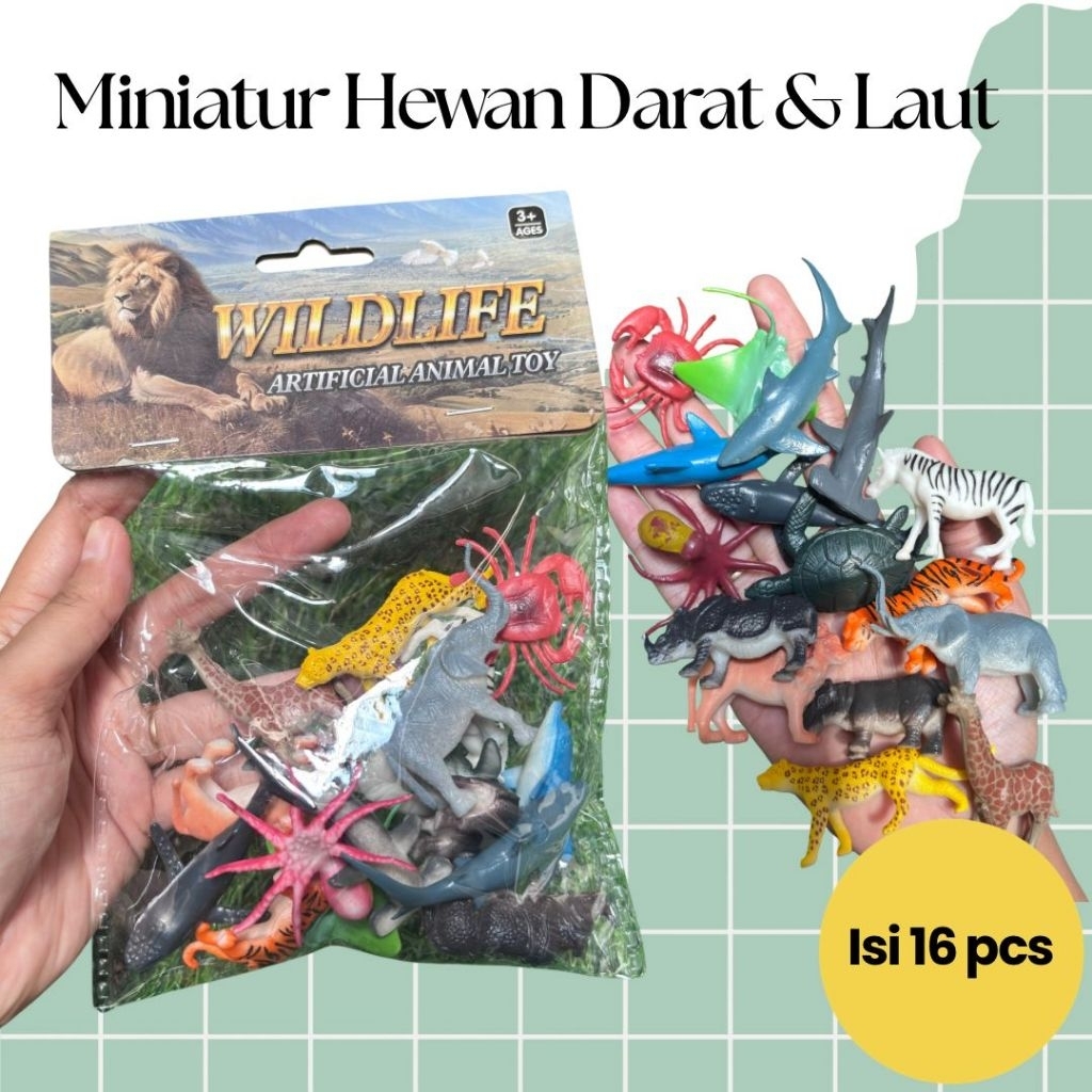 16 Pcs Miniatur Hewan / Mainan Hewan / Miniatur Hewan Darat / Miniatur Hewan Laut / Mengenal Hewan /
