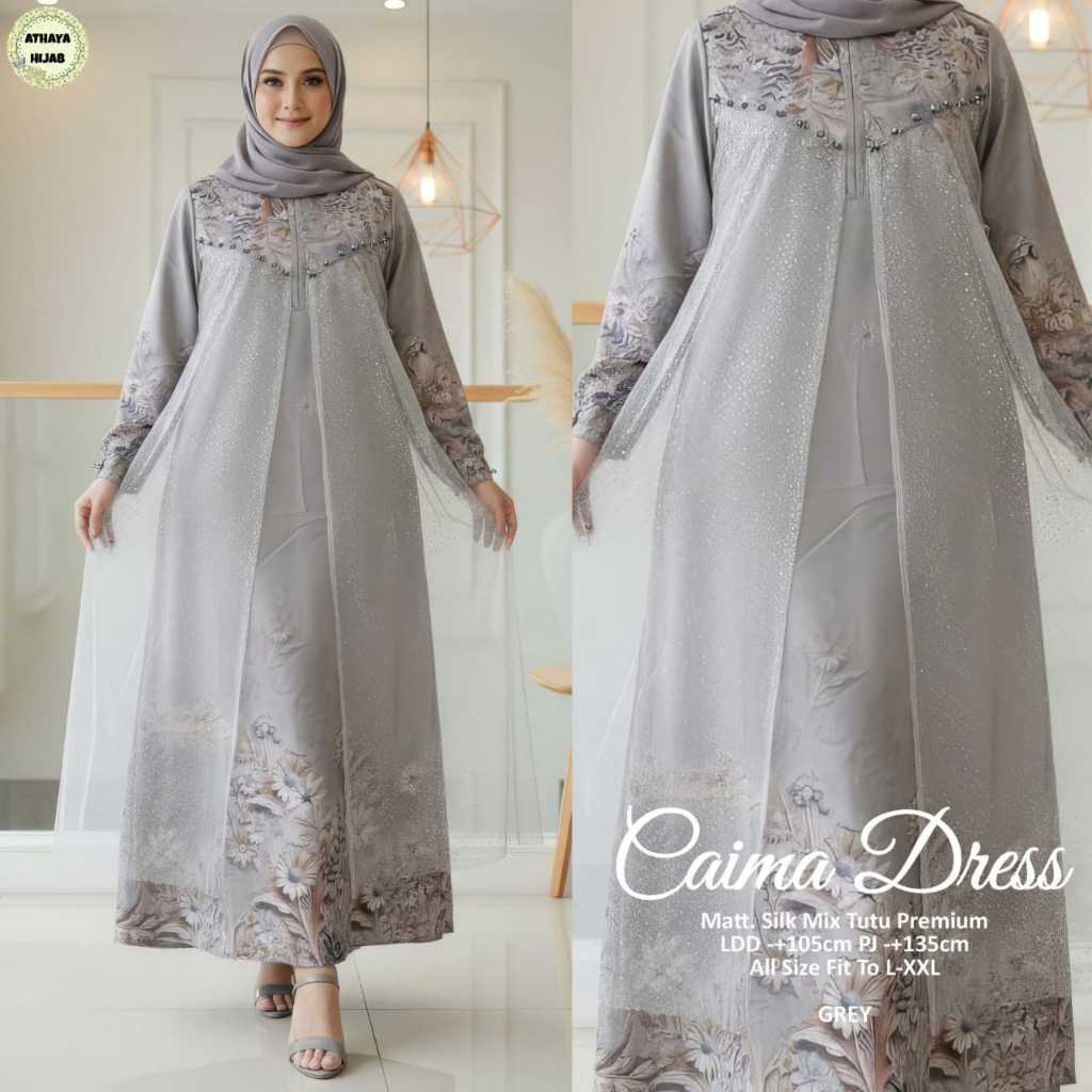 Caima Dress Gamis Syari Original Athaya Hijab Silk Mix Tutu Premium Mewah Motif Floral Busui Friendl