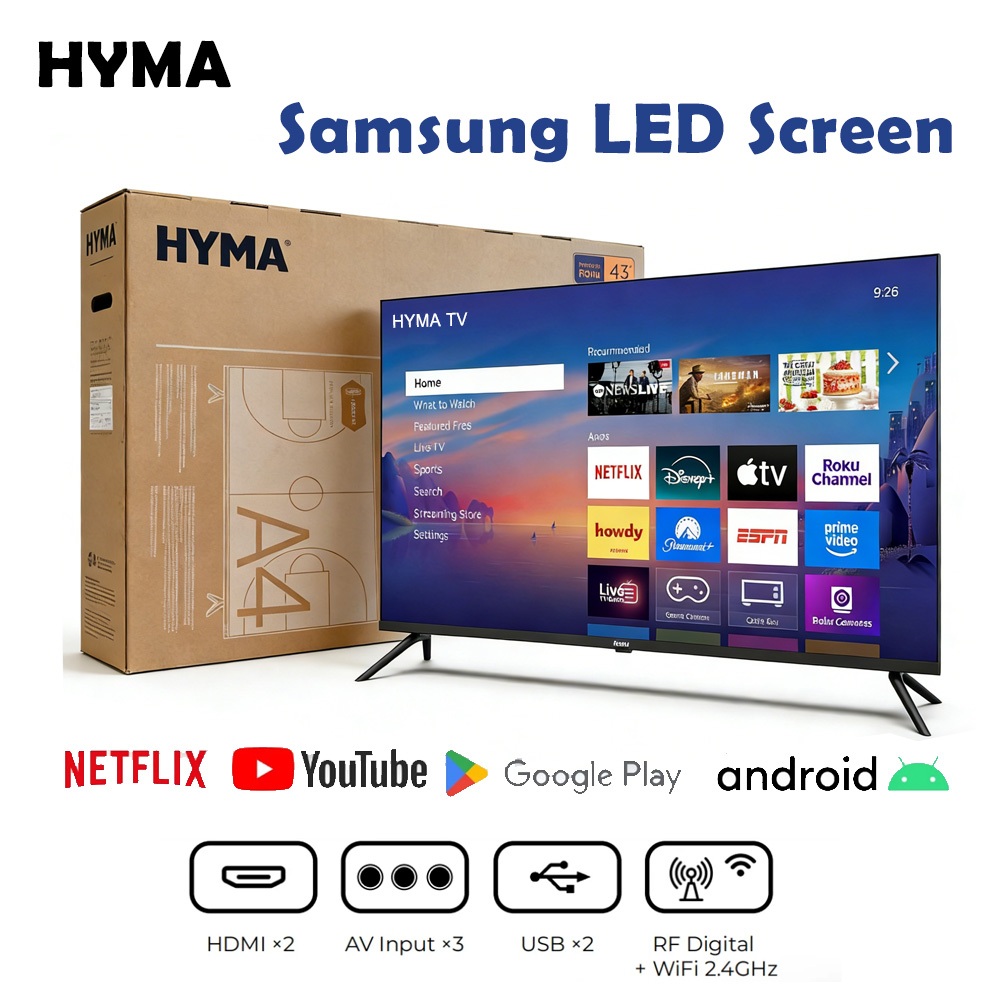 HYMA Android Samrt TV 43" Samsung LED 4K 1080P UHD Smart Google TV, Voice Remote with Alexa, Wide Co