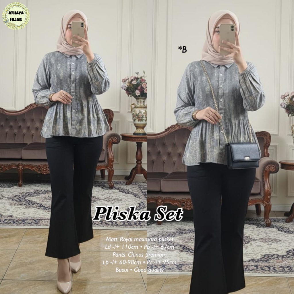 Pliska Setelan Blouse Atasan Wanita Kemeja Busui Set Celana Chinos Flare Premium Original ATHAYA HIJ