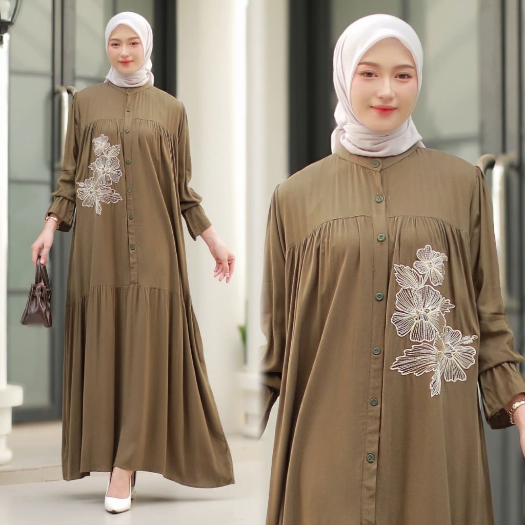 GAMIS ARUMI MAXI DRESS MUSLIM WANITA BORDIR RAYON TWILL PREMIUM BUSUI FRIENDLY POLOS / GAMIS RAYON P