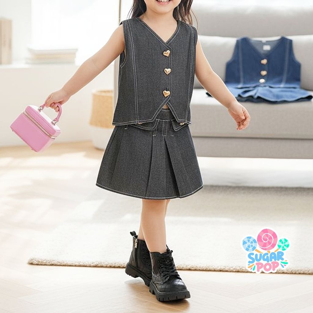 SUGARPOPP Setelan Vest Denim Anak Perempuan Korean Style usia 2-8thn | Naomi Set Setelan anak rok je