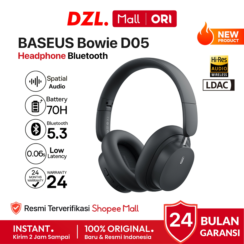 DZL - BASEUS BOWIE D05 Headphone Bluetooth Headset Wireless Mic Bass Nyaman Awet for HP Laptop