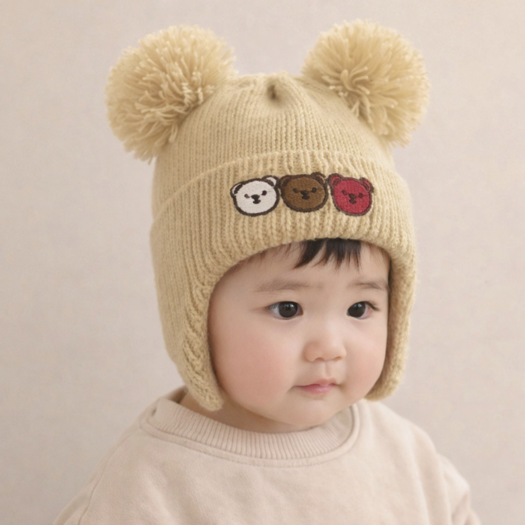 Kupluk Ciput Bayi Rajut Double Pompom Newborn Laki-Laki dan Perempuan Bahan Lembut Dan Lucu
