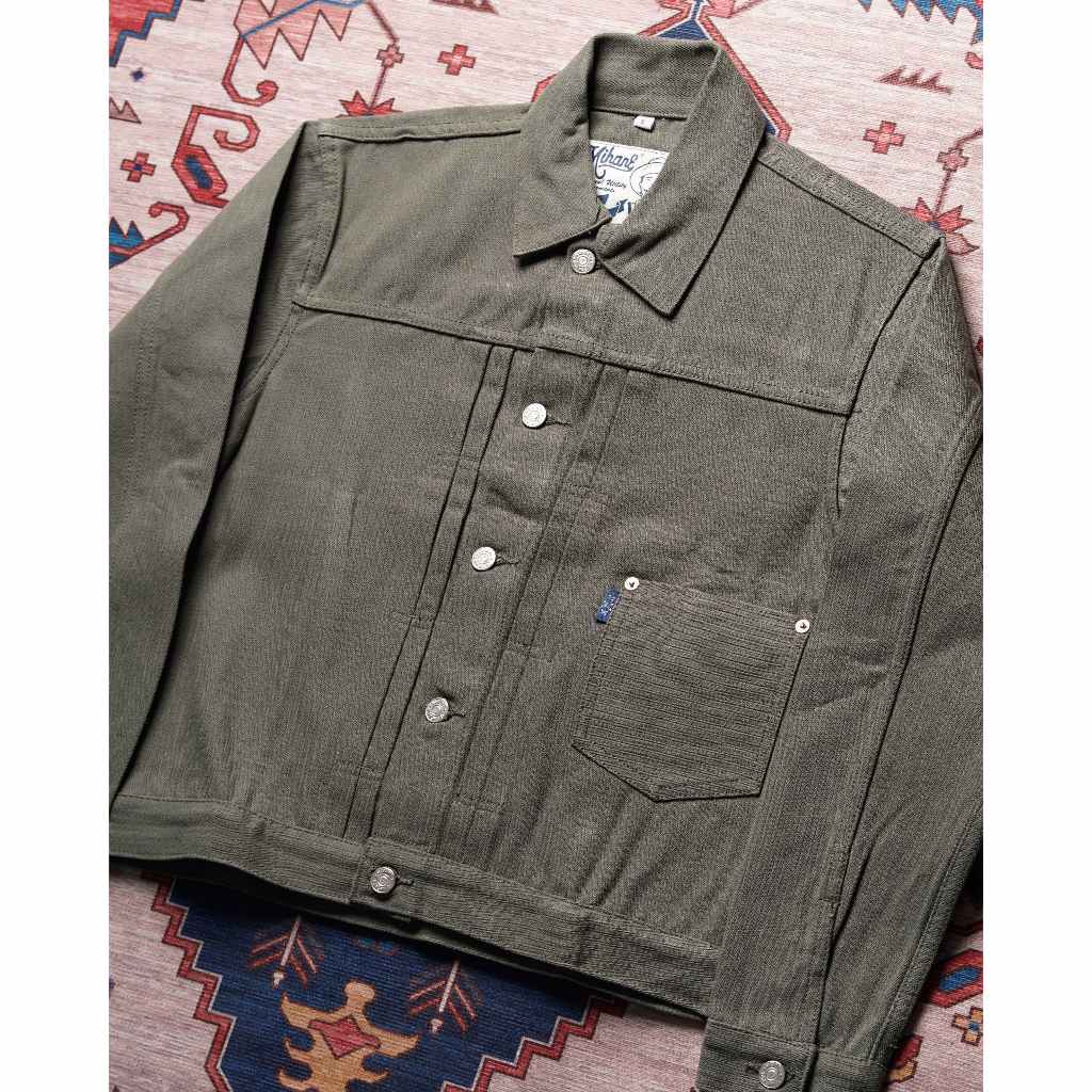 Mihane Jeans - Jacket Pria Denim Selvedge - EXT Type I 15oz Unsanforized Olive Herringbone Cinchback