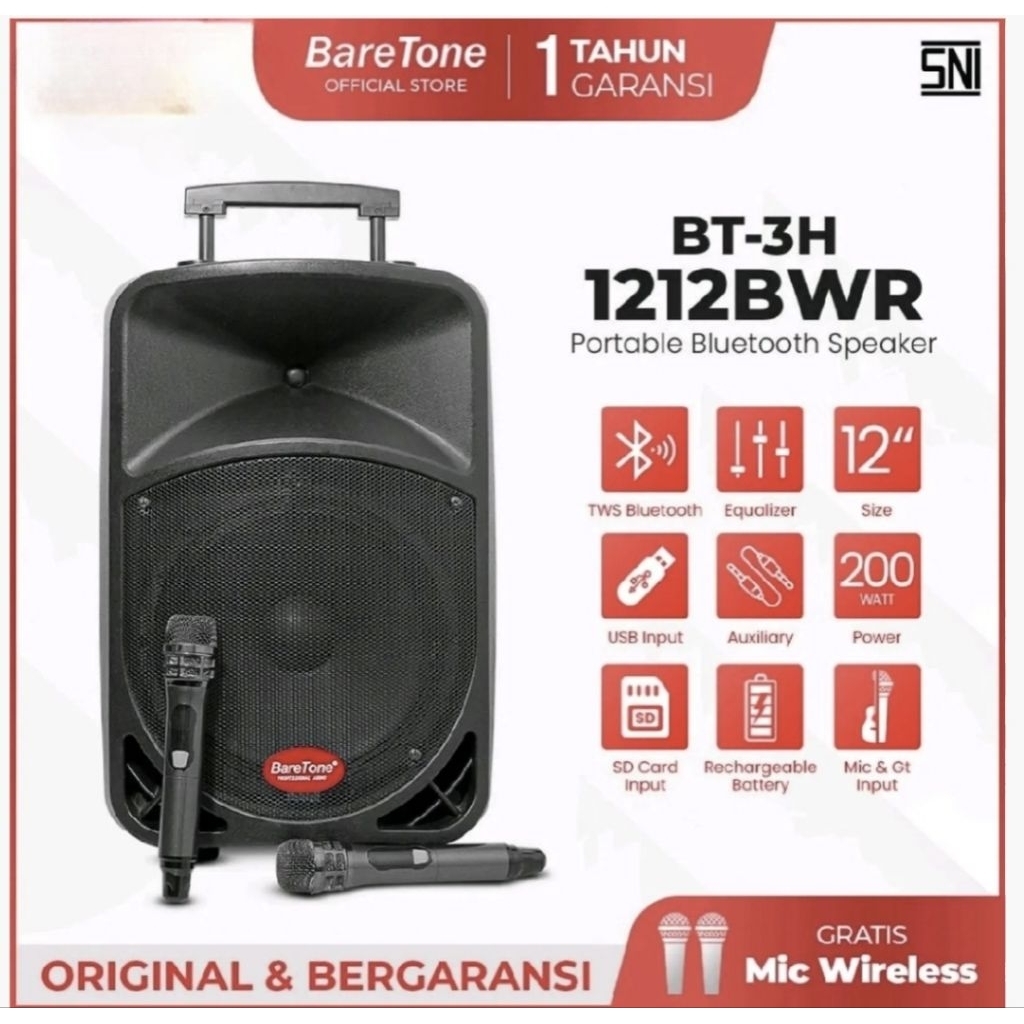 Baretone Speaker Portable BT3H 1212BWR Speaker Bluetooth 12inch Speaker Baretone BT3H1212BWR