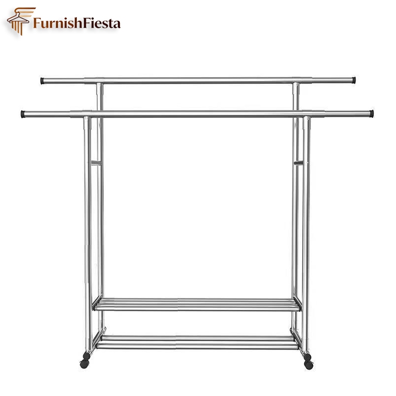 Rak Gantungan Baju Stand Hanger Double Baju Portable Roda Jemuran Baju Stainless Serbaguna