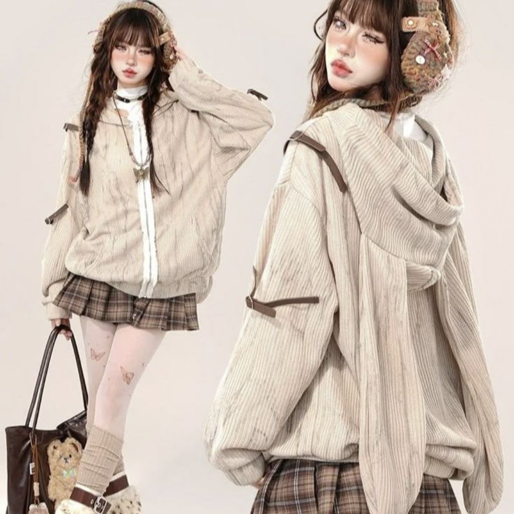 Y2K Jacket Bunny | Jaket Hoodie Wanita Lucu Korea | Oversize Cream Aesthetic