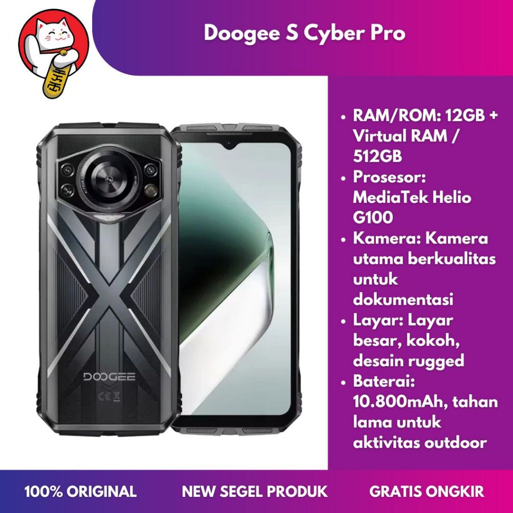 Doogee S Cyber Pro RAM 12GB ROM 512GB Helio G100 Baterai 10800mAh Rugged Phone