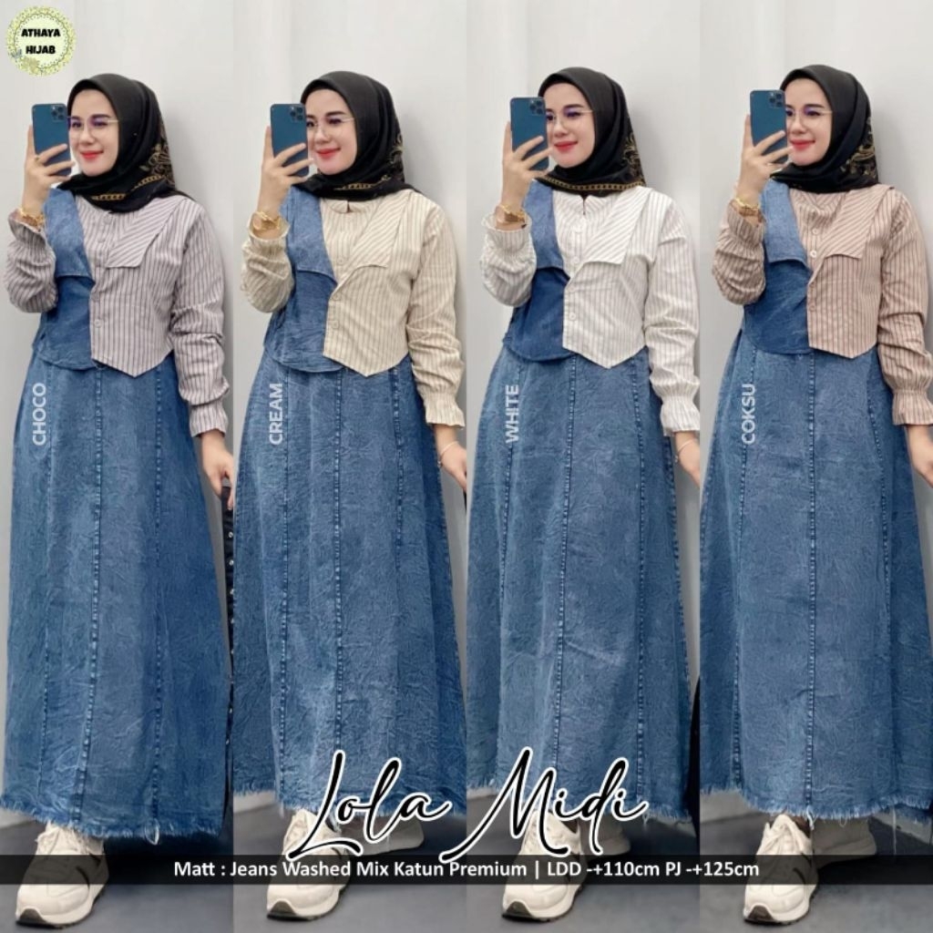 Lola Midi By Athaya Dress Wanita Jeans Kombinasi Katun Premium Denim Muslimah Kekinian