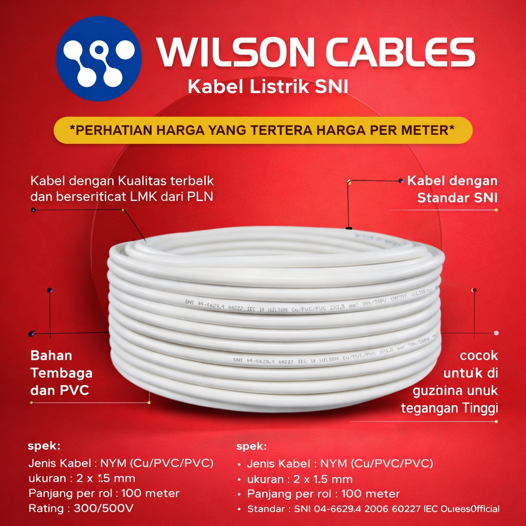 Kabel Listrik NYM 2x1.5mm Wilson / Kabel Tembaga / Kabel PLN SNI / Kabel Listrik SNI Kabel Tembaga K