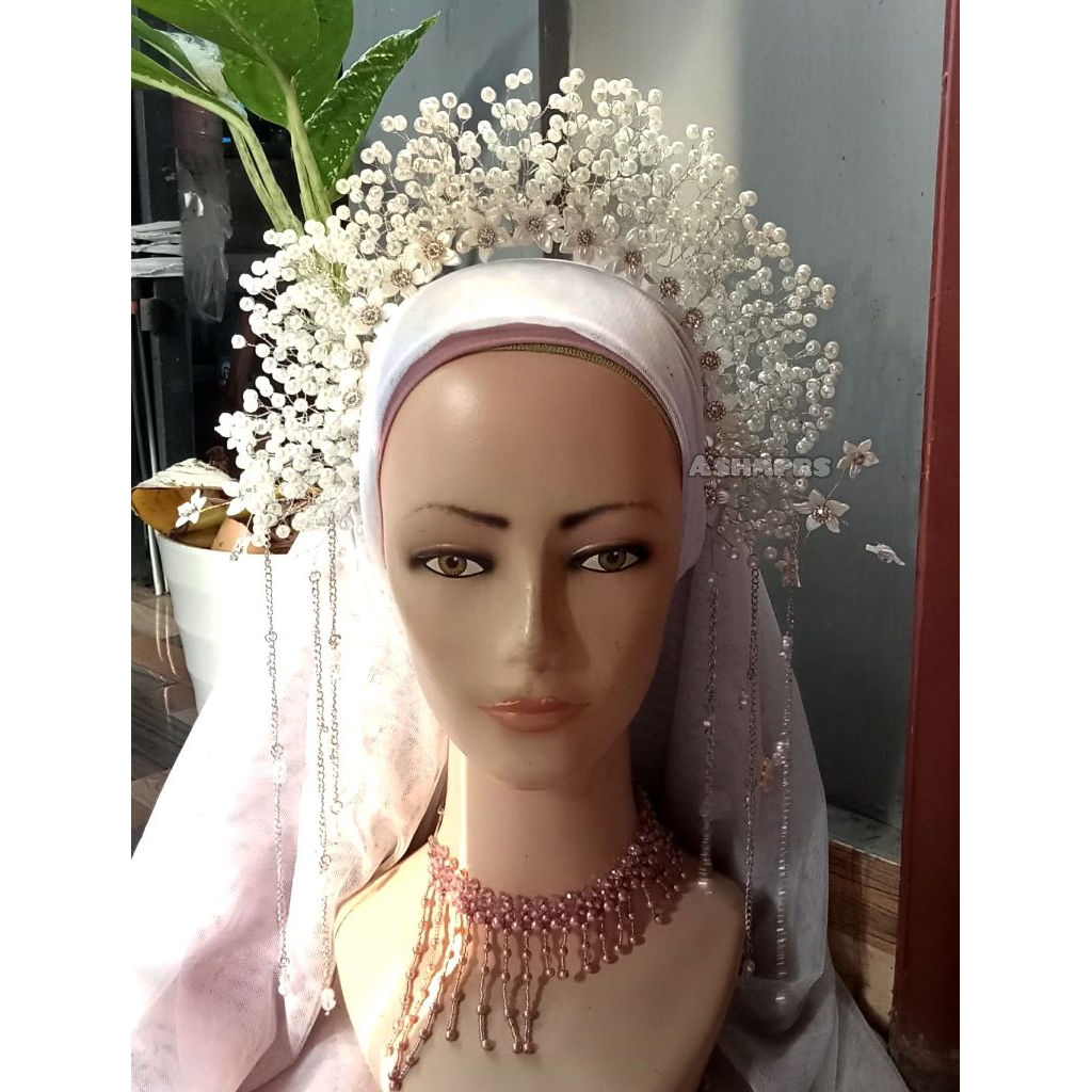 Mahkota Bando Mutiara Pengantin Juntai Putih