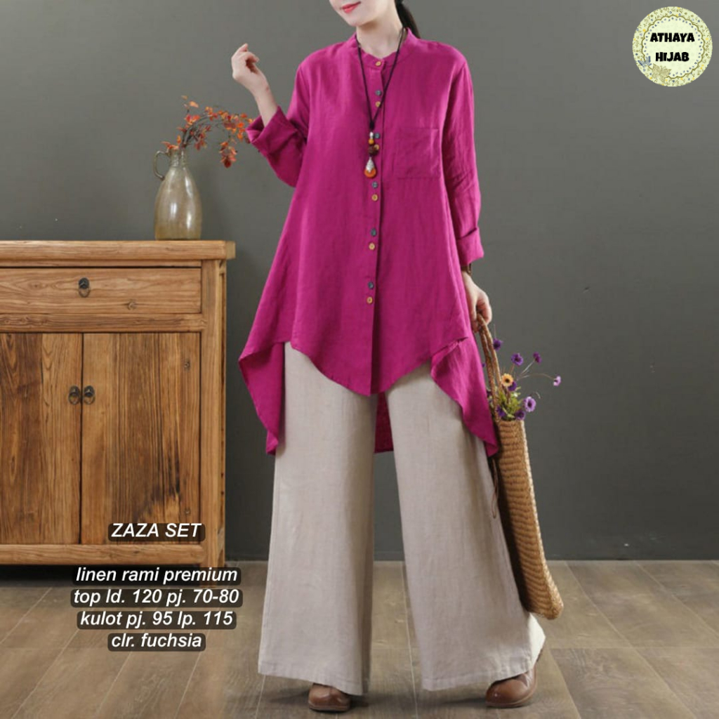 Zaza Setelan Tunik Jumbo Kulot Panjang Original Athaya Hijab Linen Rami Premium Baju Atasan Blouse W