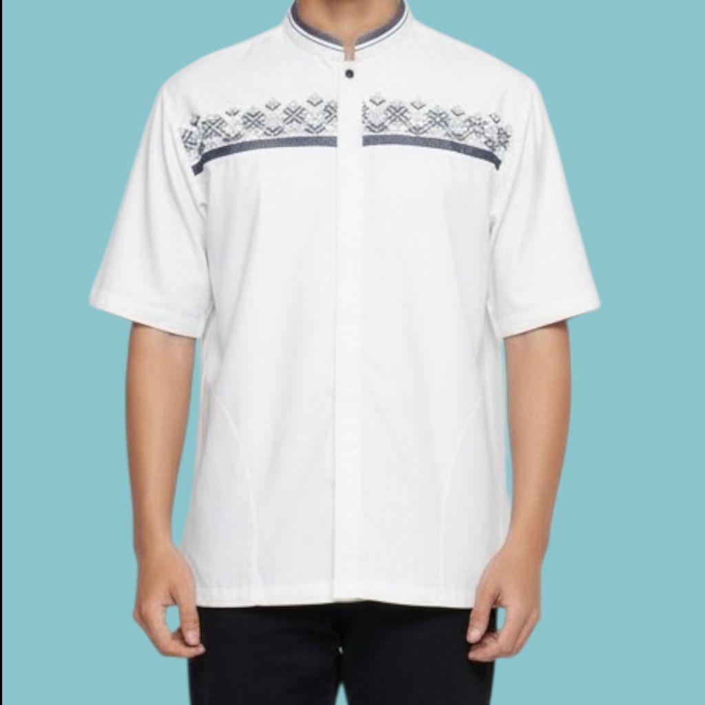 (Dwz09)  baju kokoh pria dewasa lengan pendek motif bordir di dada busana muslim pria, katun toyobo 