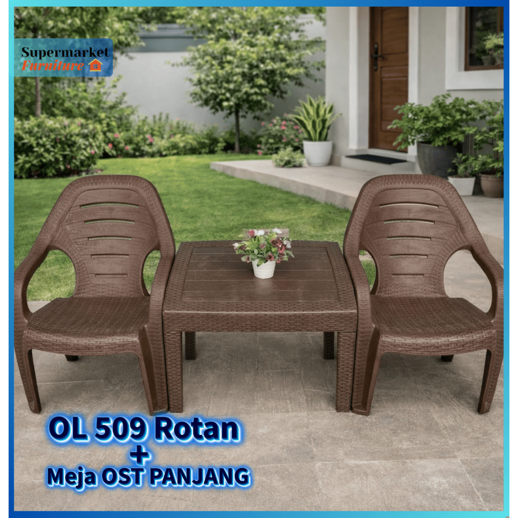 Kursi Santai Plastik OL 509 Rotan + Meja OST PANJANG / Kursi Teras / Kursi Taman