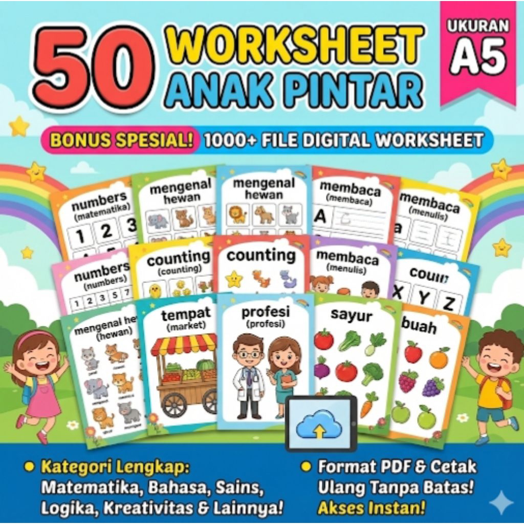 Worksheet Belajar Anak TK PAUD Lengkap (50 Lembar A5) - Modul Doa Harian, Calistung, & Logika + GRAT