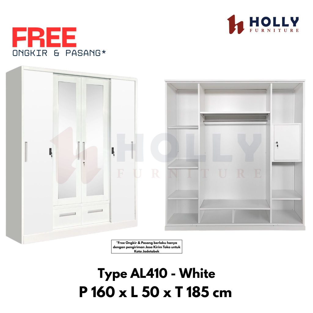 HOLLY Furniture Lemari Pakaian Besi Sliding Swing 4 Pintu Murah Modern Minimalis