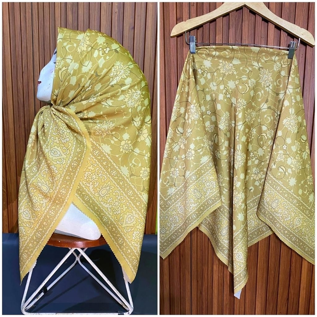 KERUDUNG SEGI EMPAT VOAL MOTIF BUNGA KUNING MUSTARD KODE 331