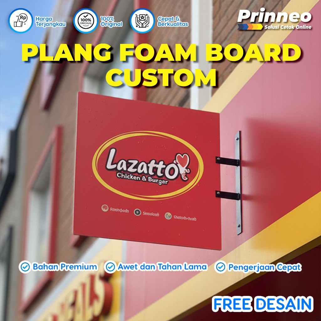 Cetak Plang Nama Toko Custom 2 Sisi Papan Usaha Foam Board Free Desain Bracket Besi & Packing Kayu