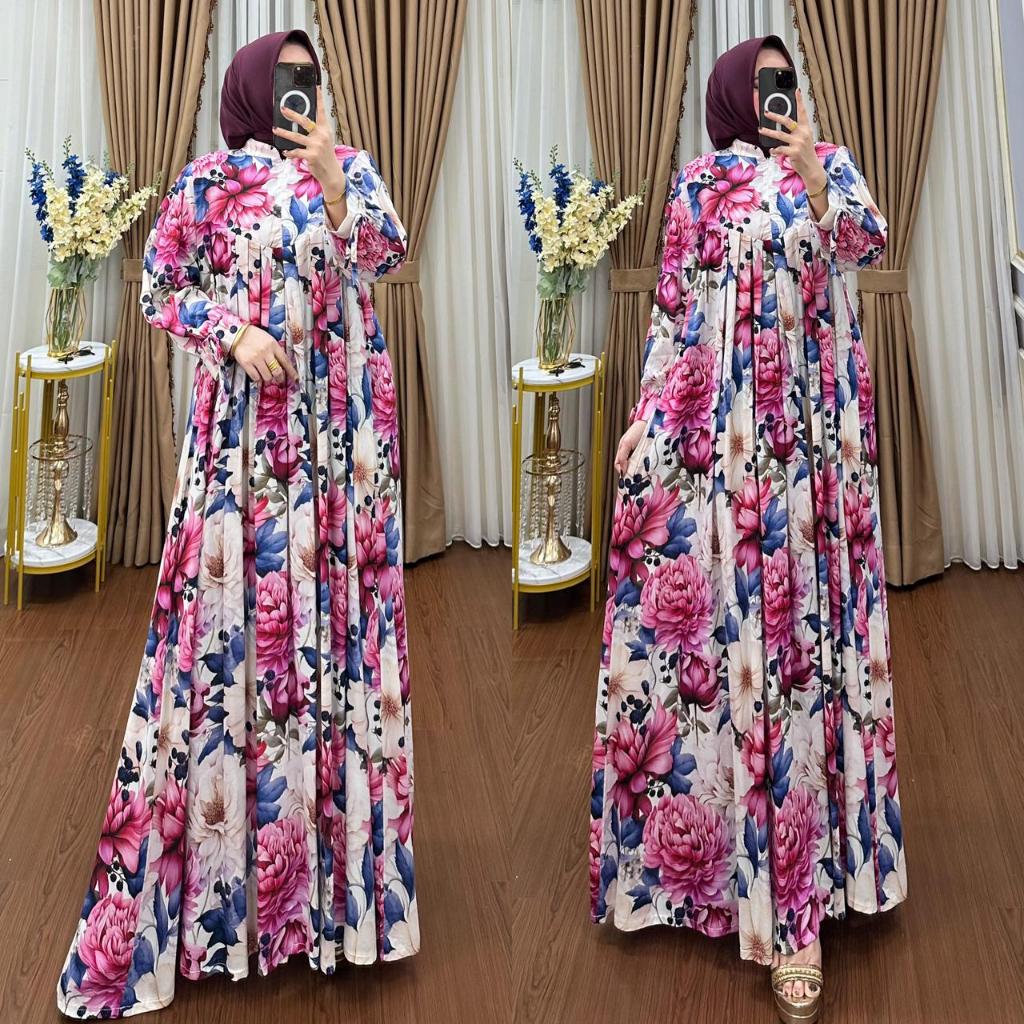 QF. Gamis Rayon motif bunga Terbaru / gamis / gamis murah / gamis terbaru / gamis kancing