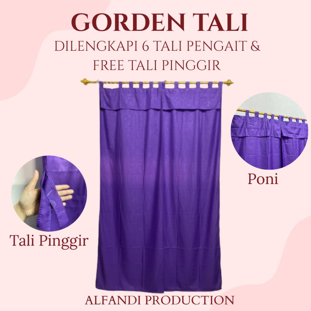 Gorden Motif Emboss Ungu Tua Bahan Katun Emboss, Model Poni 6 Tali - Siap Pasang Gratis Tali Pinggir