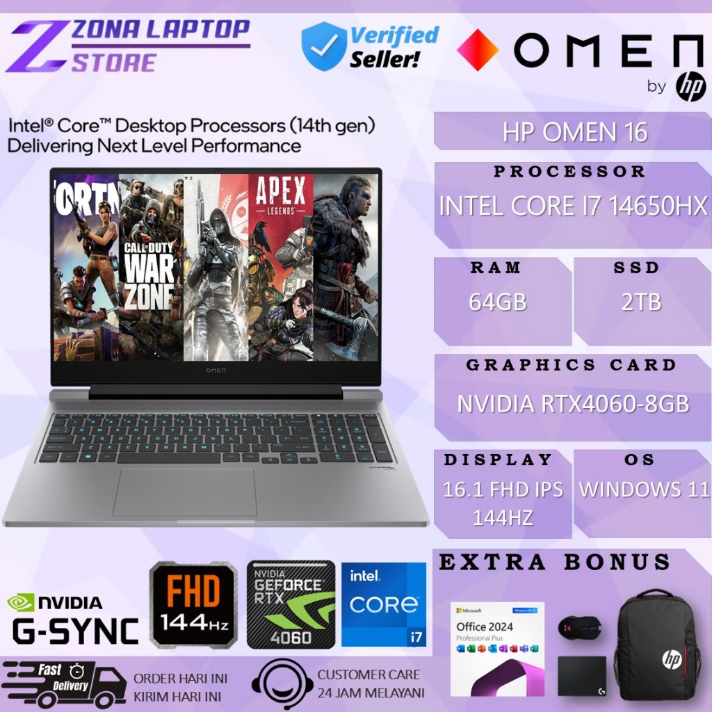 Laptop HP Omen Intel Core i7 14650HX RAM 64GB 2TB SSD RTX4060-8GB 16" FHD IPS 144Hz Windows 11 Home