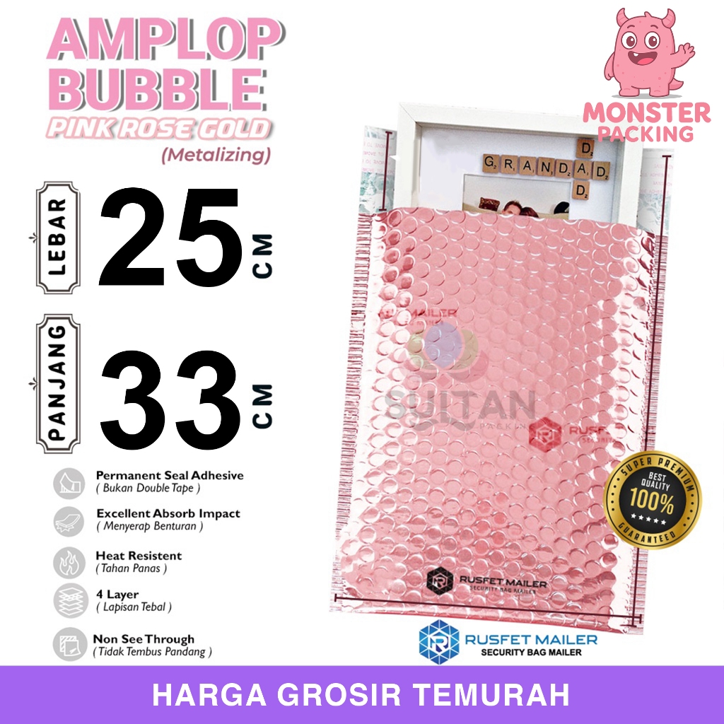 AMPLOP BUBBLE MAILER PINK ROSE GOLD 25x33cm WRAP ENVELOPE RUSFET SATUAN PREMIUM