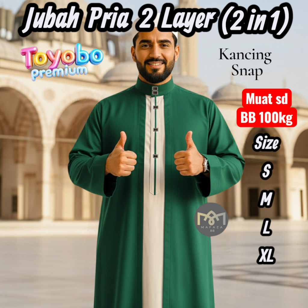 Jubah Gamis Pria Dewasa 2 Layer 2 in 1 TOYOBO PREMIUM ADEM Kancing Snap Impot Model Motif Haromain L