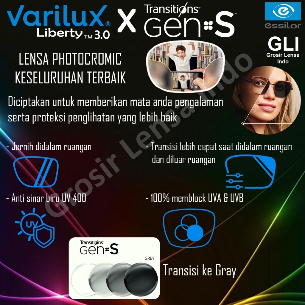 Lensa Essilor Progresif VARILUX LIBERTY ORMA 1.5 TRANSITION GEN S GREY GARANSI RESMI ESSILOR 2 TAHUN