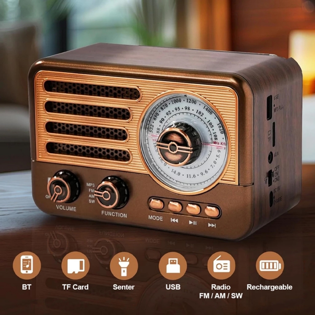 Radio FM Klasik Retro Bluetooth Memori Senter