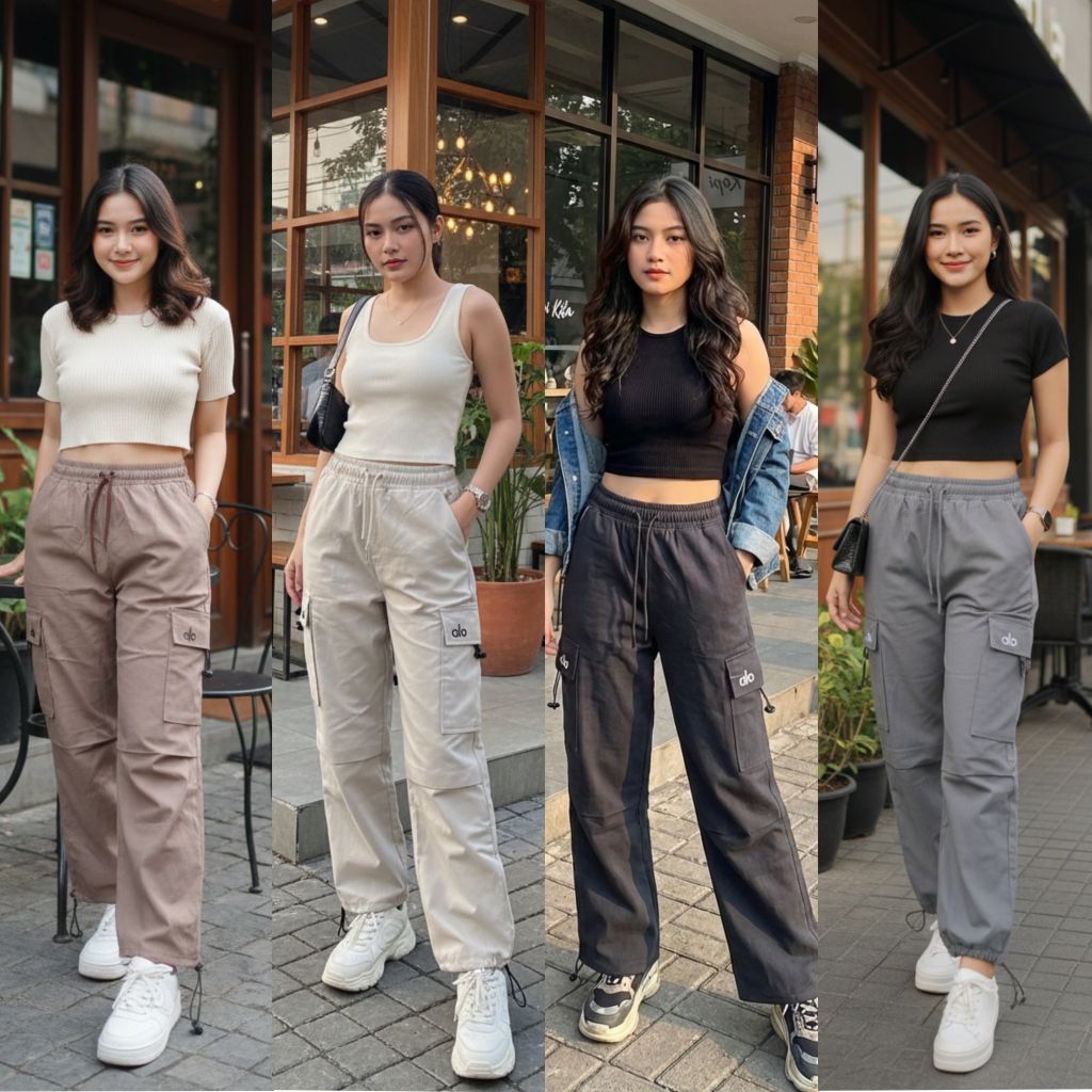 Celana Panjang Kulot Highwaist Cargo Wanita Bordir Alo