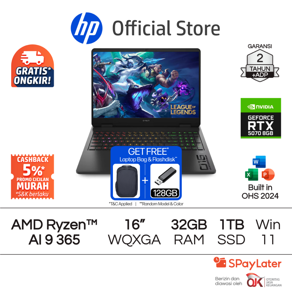 OMEN Laptop Gaming HP AMD Ryzen AI 9 NVIDIA GeForce RTX 5070 32GB RAM 1TB SSD Shadow Black Free Wind