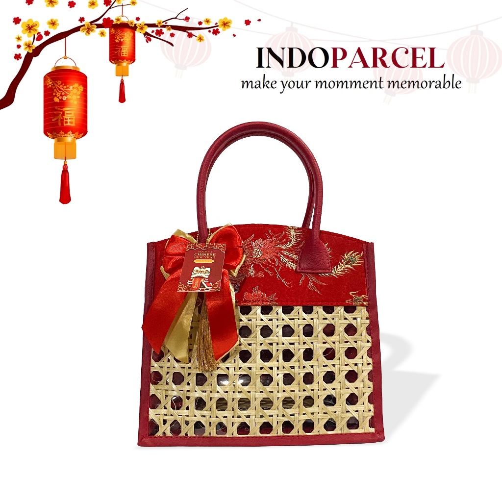 INDOPARCEL - Tas Hampers Imlek Kain Cheongsam Kombinasi Anyaman Bambu Tas Bingkisan Gift Bag Tas Kad