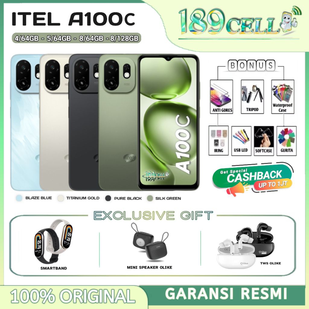 ITEL A100C [3/64GB ] [4/64GB] - Unisoc T7100 Octa-core, 5000mAh - itel A100 C  - A 100C Garansi Resm