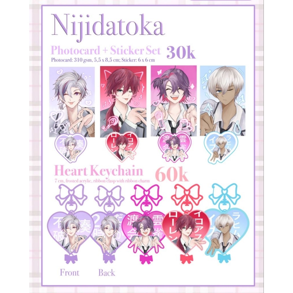 [clearance] fanmerch nijisanji nijidatoka photocard & keychain by hawucchi (fuwa minato, lauren iroa