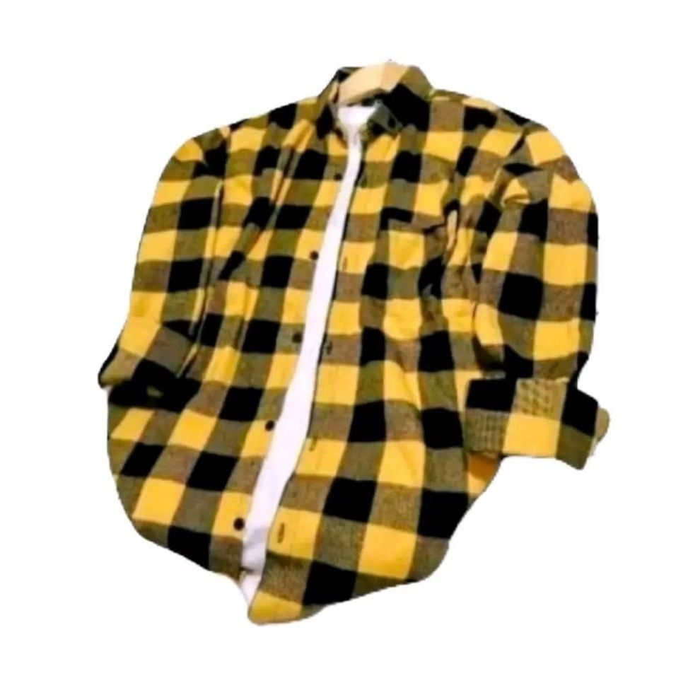 Kemeja Flanel Kotak-Kotak Kuning Hitam untuk Pria dan Wanita Baju Lengan Panjang Model Trendy