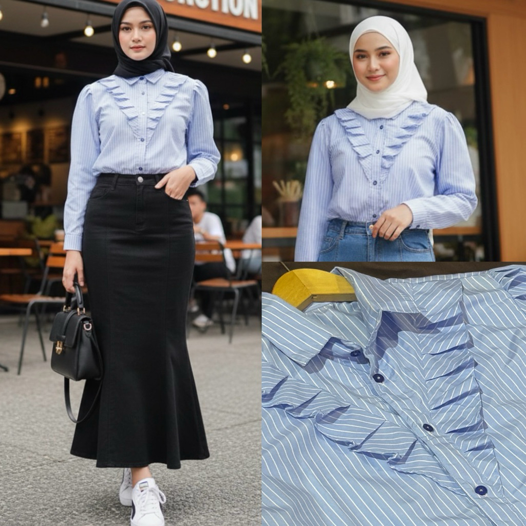 atasan wanita kemeja salur biru muda Blus Wanita Garis Lengan Panjang