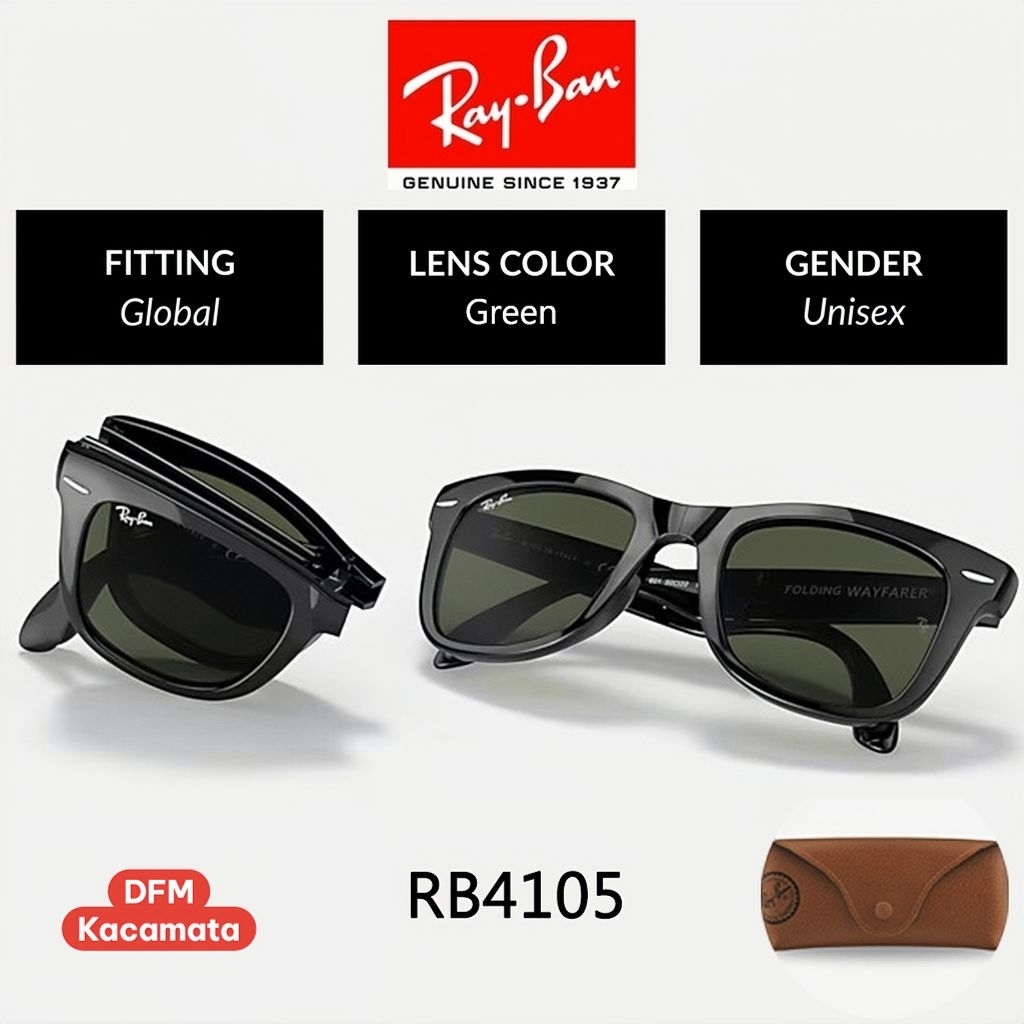 Kacamata Hitam Ray-Ban Wayfarer Folding Classic RB4105 Black Green Lensa Kaca Unisex Sunglasses