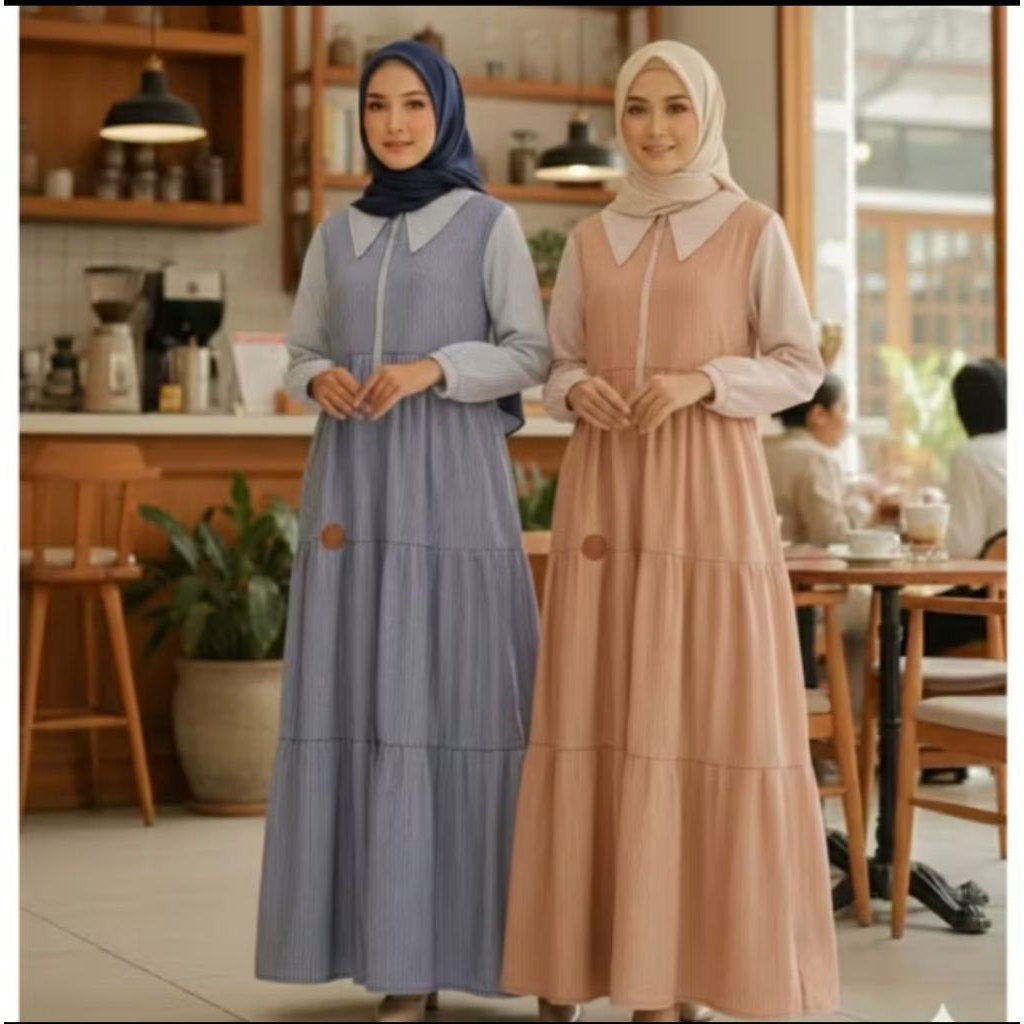 Zisheeri Gamis Asaki Stripe Terbaru | Shesa Navy & Shesa Orange | Gamis Katun Adem | Busui Friendly 