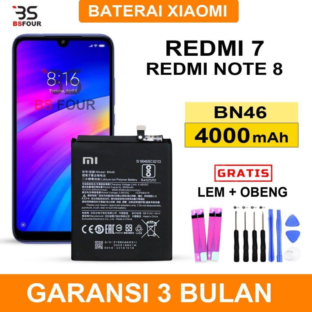 BATRE BATERAI HP XIAOMI REDMI 7 REDMI NOTE 8 BN46 ORIGINAL GERATIS OBENG 8IN DAN LEM BATRE