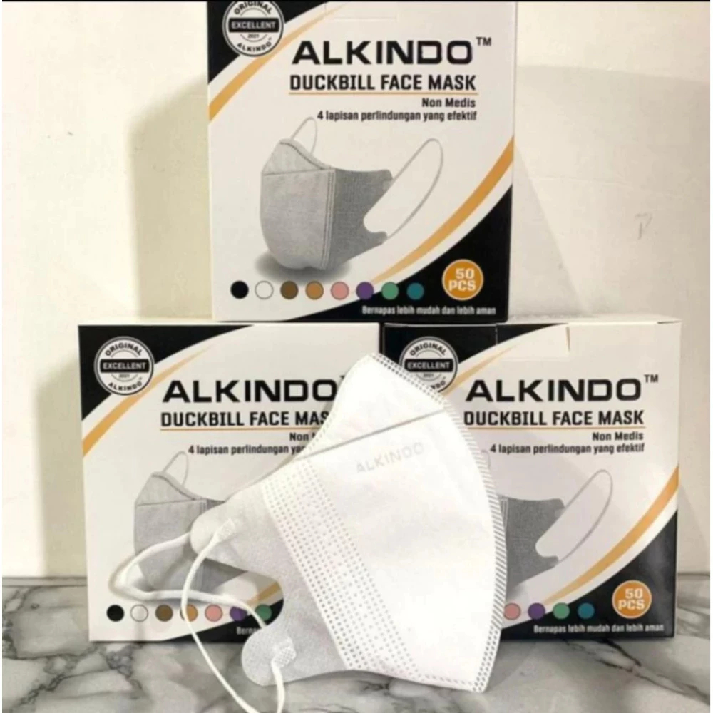 Masker Duckbill Alkindo 1 Box Isi 50 pcs Desain Duckbill Nyaman - Masker Hitam Putih Masker Warna Wa