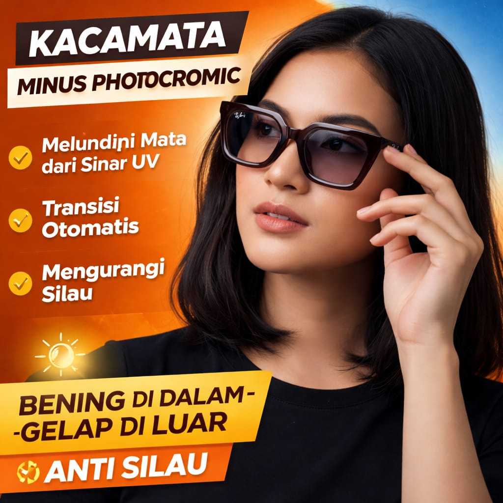 Kacamata Minus Anti Radiasi Photochromic Pria Wanita Frame Kotak Tebal Kaca Mata Mines Retro Stylish