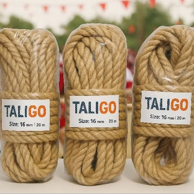 Tali Tambang Goni 16 mm panjang 20 meter untuk lomba tarik tambang, dekorasi lentur, aman dan halus 