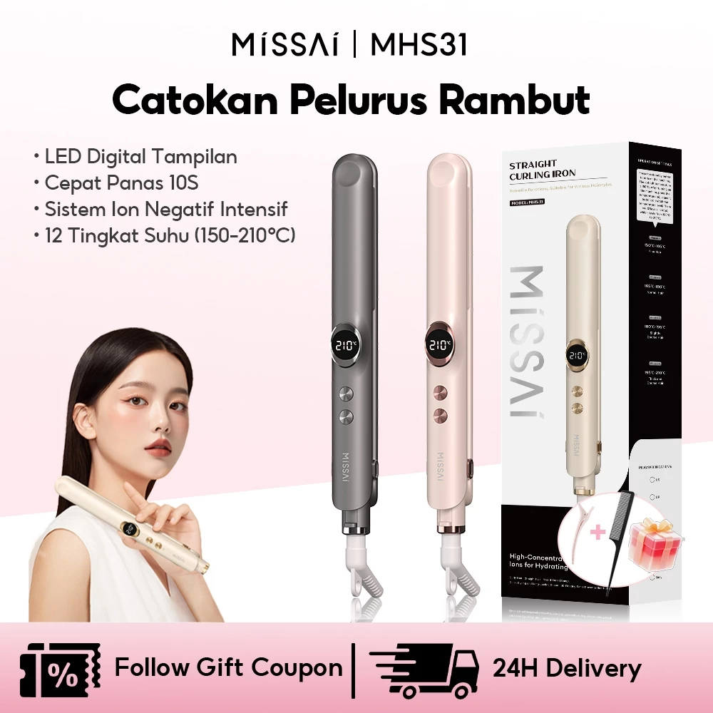 MISSAI MHS31 2 in 1 Pelurus dan Pengeriting Rambut Pemanasan Cepat Penataan Rambut 12 Tingkat Pengat