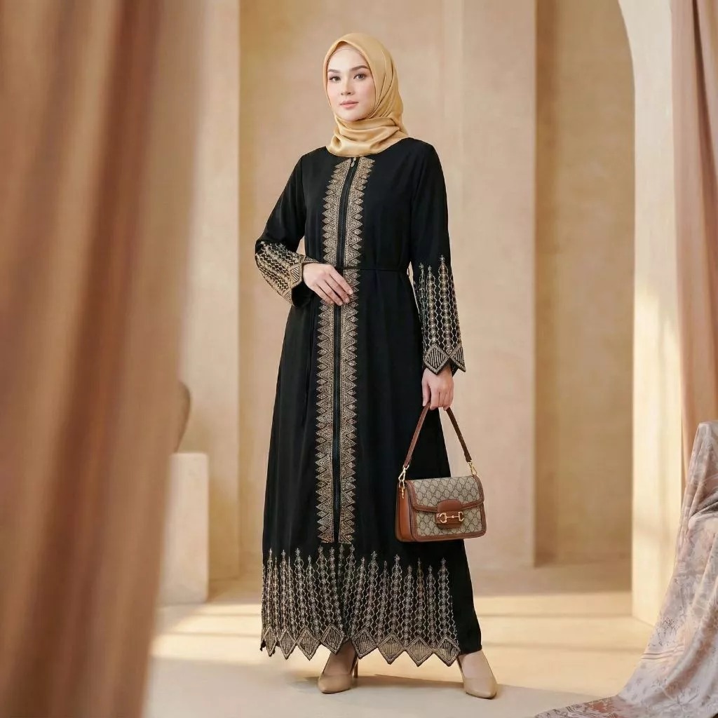 Gamis Lebaran Busui Friendly Farasya Dress SQ Size M L XL XXL LD 100-112 CM Bahan Jetblack Abaya Tur