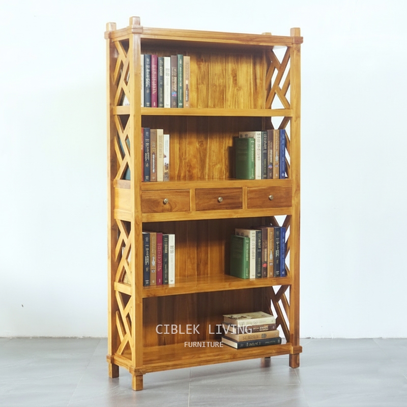 Rak Buku Perpustakaan Jati Minimalis / Rak Kabinet Kayu Jati Lemari Buku 3 Laci