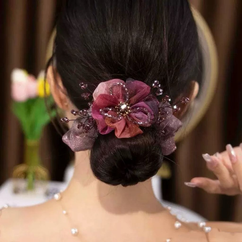 Sanggul Bunga Kristal Hair Clip Elegant Style Scrunchie Organza - JP34