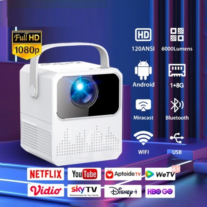 Proyector T2MINI Android 9.0 5G WiFi Mini Portable 1080P Smart Projector 6000 Lumen Home Projector